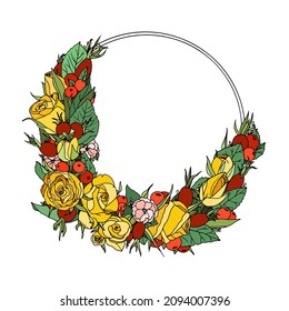 Ilustración vectorial de la corona floral dibujada a mano.  estilo gráfico, bello elemento de diseño de bodas