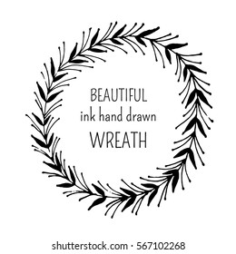 Vector illustration with hand drawn floral wreath on white background. can be used for greeting, post cards.