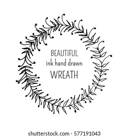 Vector illustration with hand drawn floral wreath on white background, can use for greeting, post cards, template