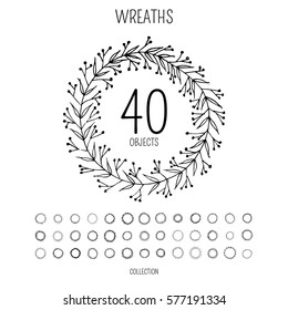 Vector illustration with hand drawn floral wreath on white background, can use for greeting, post cards, template, collection