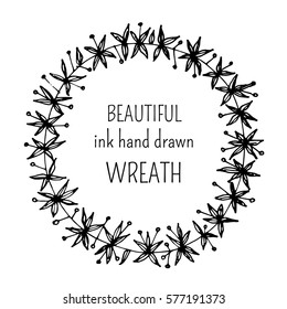 Vector illustration with hand drawn floral wreath on white background, can use for greeting, post cards, template