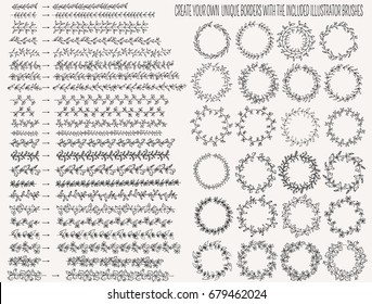Vector illustration, hand drawn floral line border set. Collection of round decorative border frames. Rustic decorative design element, divider, scroll. Sketched vector illustration. 