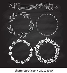  vector illustration of hand drawn flower and floral wreaths in flat linear design style on textured blackboard background as a template for invitations, personal cards, prints, decorations, patterns