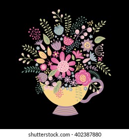 vector illustration of hand drawn flower bouquet in a cup of tea, perfect  for greeting cards