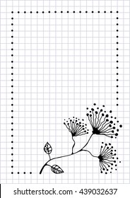 Vector illustration of hand drawn flower with leaves. Checkered template for letter or greeting card. 