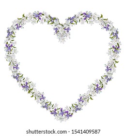 Vector illustration of hand drawn flowers arranged in a shape of heart wreath isolated on white. Irises, lilies and supporting plants wreath. For card, print design. Isolated flower wreath
