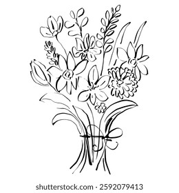 Vector illustration. Hand drawn flowers. Black and white. 