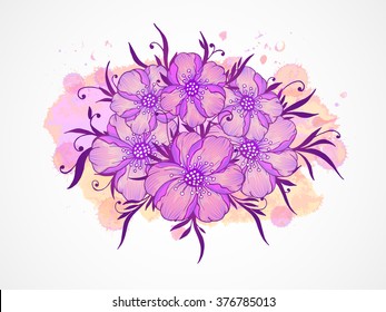 Vector illustration with hand drawn  flowers, leaves and branches with textured watercolor elements. In purple colors. Gradient used.