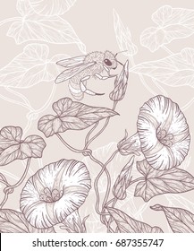 vector illustration of hand drawn flowers and a bee in vintage style