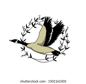 Vector illustration of hand drawn flying wild goose in floral wreath. Beautiful animal design elements, ink drawing.