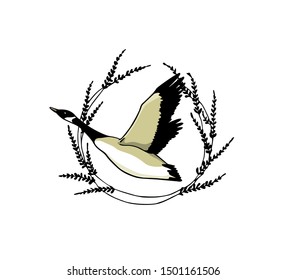 Vector illustration of hand drawn flying wild goose in floral wreath. Beautiful animal design elements, ink drawing.