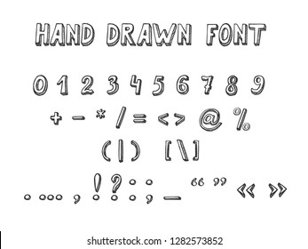 Vector illustration of Hand Drawn Font in doodle style. Numbers and punctuation marks and mathematical symbols