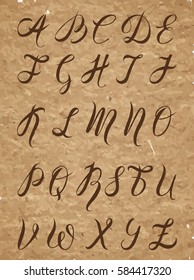Vector illustration, hand drawn font by a brush pen, watercolor alphabet, capital letters on a craft paper