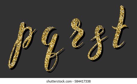 Vector illustration, hand drawn font by a brush pen, watercolor alphabet with golden glitter fill, pqrst