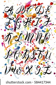 Vector illustration, hand drawn font by a brush pen, watercolor alphabet, capital letters on watercolor sprays background