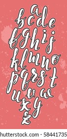 Vector illustration, hand drawn font by a brush pen, watercolor alphabet on pink background with sprays