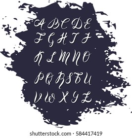 Vector illustration, hand drawn font by a brush pen, watercolor alphabet, capital letters on dark blue stain