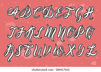 Vector illustration, hand drawn font by a brush pen, watercolor alphabet, capital letters on pink background with sprays