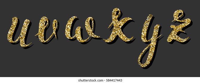 Vector illustration, hand drawn font by a brush pen, watercolor alphabet with golden glitter fill, uvwxyz