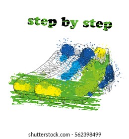 Vector illustration of Hand drawn football boots with watercolor effect, ink, art and blot object. Step by step. Green spring.