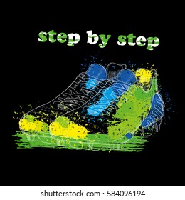 Vector illustration of Hand drawn football boots with watercolor effect, ink, art and blot object. Step by step. Green spring.