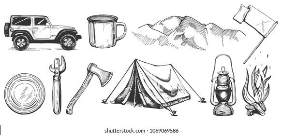 Vector illustration of hand drawn forest camping vacation objects set. Off road car, metal mug, mountains, flag, can top, tin opener, ax, tent, lantern, bonfire. Vintage engraving style.