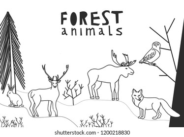 Vector illustration with hand drawn forest animals. Rabbit, deer, moose, fox and owl isolated on white
