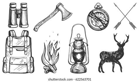 Vector illustration of hand drawn forest camping vacation objects set: binoculars, ax, compass, arrows, travel backpack, bonfire, lantern, deer silhouette. Vintage engraving style.
