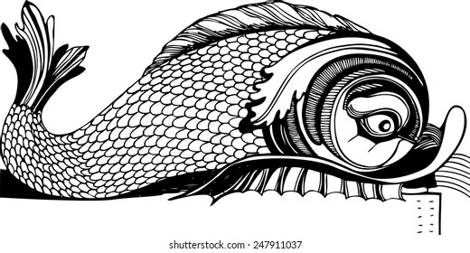 Vector illustration. Hand drawn fountain. Fish. 