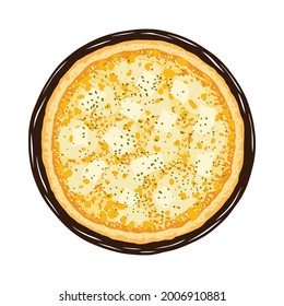 Ilustración vectorial de la pizza hecha a mano Cuatro Quesos. Deliciosa pizza blanca italiana con mozzarella, parmesano, gorgonzola, fontina y orégano.