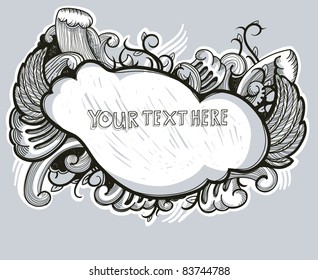 vector illustration of a hand drawn frame with fantasy waves and wings