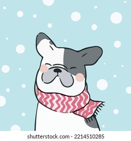 Vector illustration hand Drawn French bulldog in snow for winter season vector printable svg