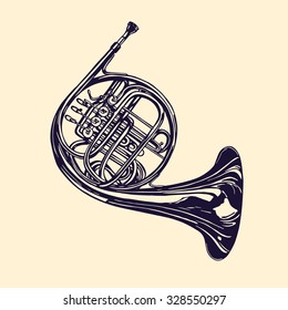 Vector illustration of hand drawn french horn. Beautiful ink drawing of a wind musical instrument.