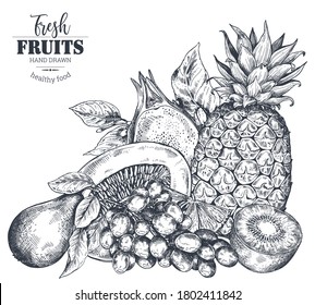 Vector illustration of hand drawn vector fresh fruits in sketch style. Beautiful organic composition. Graphic vegetarian objects.