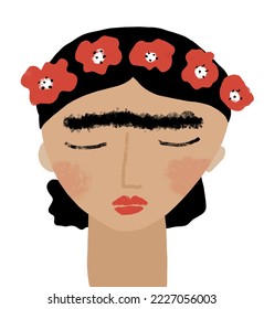 Vector Illustration with Hand Drawn Frida Waering Floral Wreath. Crayon Style Drawn Portrait of Frida Kahlo. Head of a Girl with Red Flowers on a White Background. Print with Famous Mexican Artist.