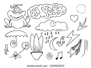 Vector illustration: Hand drawn frog sketch with arrow,heart,rain,star,firework and clouds and other element design. Line design.