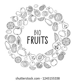 Vector illustration with hand drawn fruit. Healthy food concept, various organic product in a circle on white background