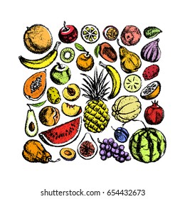 Vector illustration of hand drawn fruit. Vegetarian, healthy food illustration. Beautiful design elements, charcoal drawing