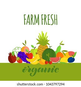 Vector illustration of hand drawn fruits composition with text Farm Fresh Organic for poster, print, shop, farm decoration