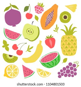 Vector illustration with hand drawn fruits, drinks and ice cream. 
Set of food elements for farm, market, cafe design, summer menu and recipes. Healthy organic fresh illustration