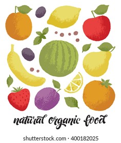 Vector illustration of hand drawn fruits and vegetables. Lettering  elements, calligraphic names of products. Eating set for farm, market, cafe design, menu and recipes. Healthy organic fresh food