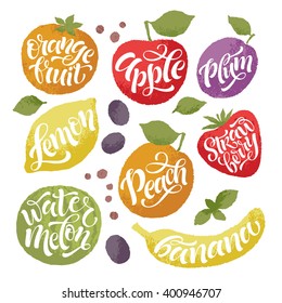 Vector illustration of hand drawn fruits and vegetables. Lettering  elements, calligraphic names of products. Eating set for farm, market, cafe design, menu and recipes. Healthy organic fresh food