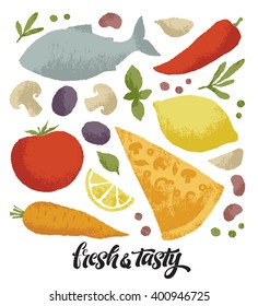 Vector illustration of hand drawn fruits and vegetables. Lettering  elements, calligraphic names of products. Eating set for farm, market, cafe design, menu and recipes. Healthy organic fresh food