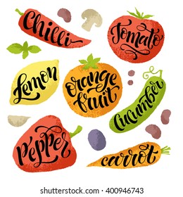 Vector illustration of hand drawn fruits and vegetables. Lettering  elements, calligraphic names of products. Eating set for farm, market, cafe design, menu and recipes. Healthy organic fresh food