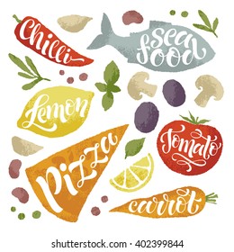 Vector illustration of hand drawn fruits and vegetables. Lettering  elements, calligraphic names of products. Eating set for farm, market, cafe design, menu and recipes. Healthy organic fresh food