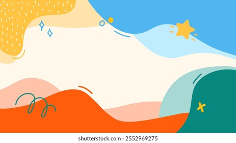 Ilustración vectorial. Dibujado a mano divertido patrón de memphis, doodle Formas y líneas. Elementos de diseño coloridos para el Anuncio del Web, Plantilla del Sitio web, Fondo de pantalla Horizontal. Paleta de colores brillantes. Telón de fondo infantil