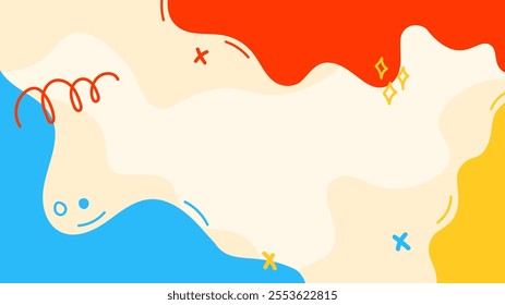 Vector illustration. Hand drawn fun memphis pattern, doodle shapes and lines. Colorful design elements for web banner, website template, horizontal wallpaper. Bright color palette. Childish backdrop