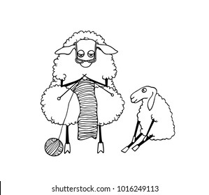 Vector illustration of hand drawn funny sheep knitting woolen with a grandchild next to it. Beautiful animal design elements, ink drawing, funny illustration