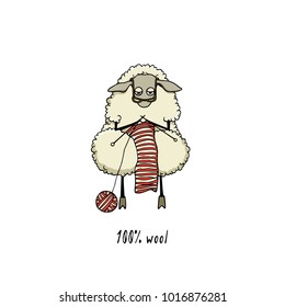 Vector illustration of hand drawn funny sheep knitting woolen. Beautiful animal design elements, ink drawing, funny illustration
