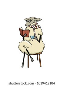 Vector illustration of hand drawn funny sheep reading a book with a cup of coffee. Beautiful animal design elements, ink drawing, funny illustration